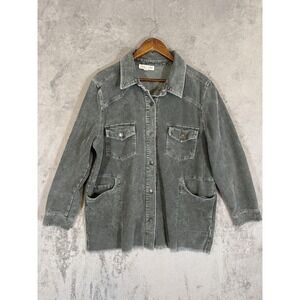 She + Sky Jacket Sz L Sage Green Corduroy Snap Raw‎ Hem Pockets Boho Country